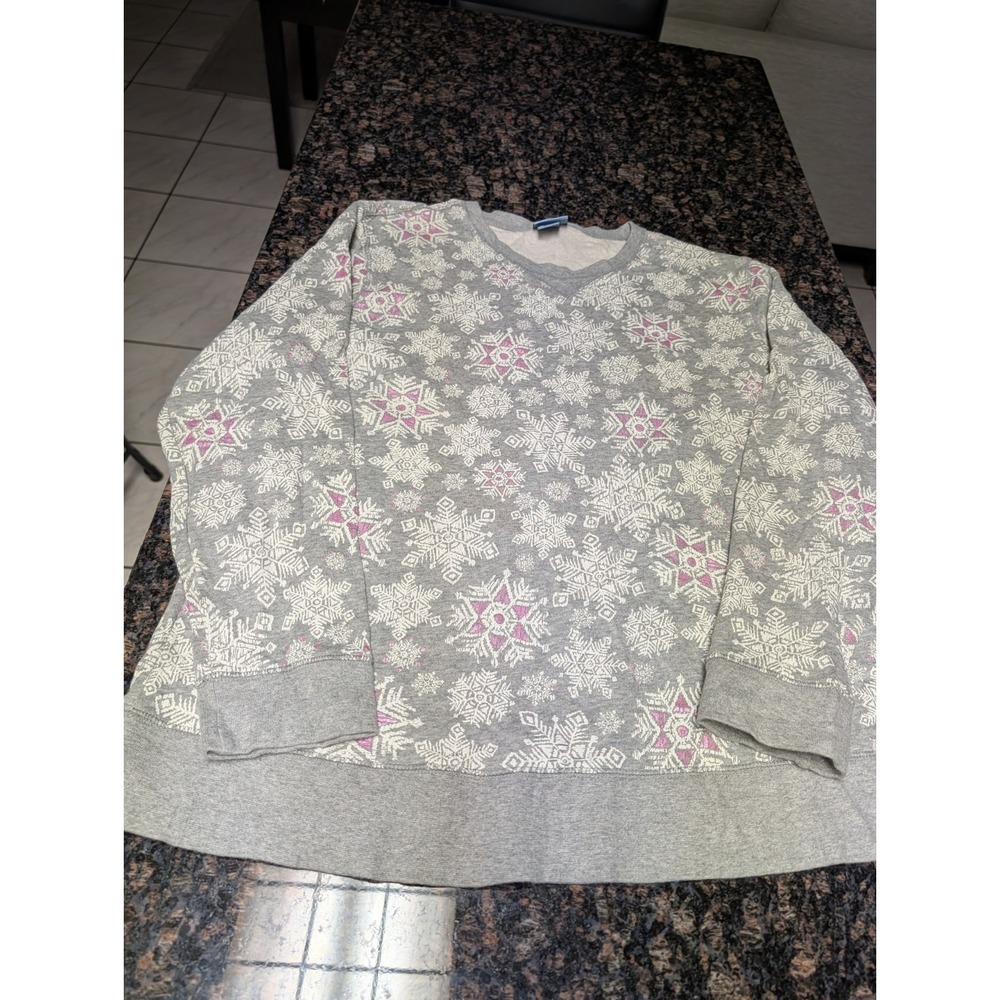 Classic Elements Easy Pullover Sweatshirt Top Gray Pink & White Snowflakes XL
